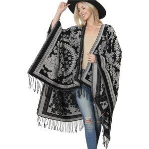 Gray Paisley Printed Oversized Cardigan Poncho Kimono Shawl Blanket Scarf Vest‎